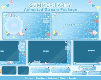 Summer Party Animated Stream Overlay Package – Cute Kawaii Vtuber Assets