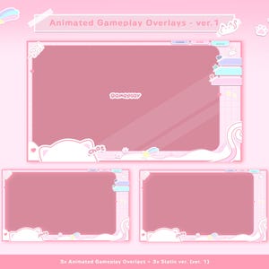 May include: A set of pink animated gameplay overlays with a pastel aesthetic. The design incorporates cat shapes, stars, and a chat box. The text "Animated Gameplay Overlays - ver. 1" is displayed at the top. The word "gameplay" is also visible.