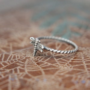 Delicate Little Dragonfly Stacking Ring. Sterling silver damselfly ring. Springtime insect ring. image 3