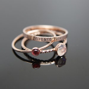 Three 14k rose gold gemstone stacking rings set. Custom band set of 3 rings gemstone stacking rings. image 2