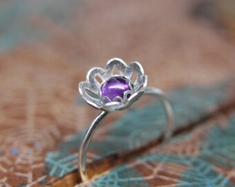Blooming Flower Gemstone Stacking Ring. Pretty sterling silver floral stacking ring with a gemstone center. Springtime jewelry.