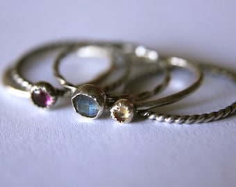 Mixed Set. 3 Stones and 2 Plain Bands Set of 5 Stackable Rings Mix and Match Gemstone Sterling Silver