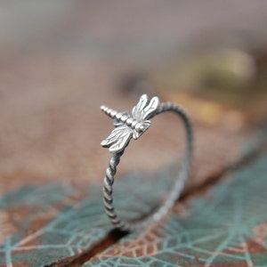 Delicate Little Dragonfly Stacking Ring. Sterling silver damselfly ring. Springtime insect ring. image 1