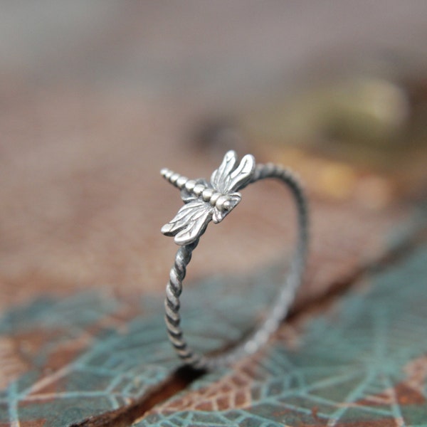 Delicate Little Dragonfly Stacking Ring. Sterling silver damselfly ring. Springtime insect ring.