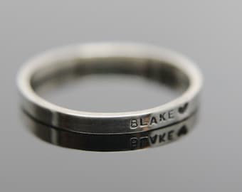 Solid 14k white gold custom hand stamped tiny band ring. Knuckle size available.