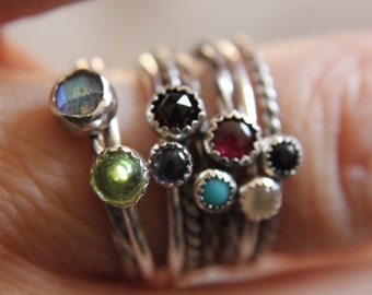 Set of 5 Gemstone Stackable Rings Mix and Match Sterling Silver