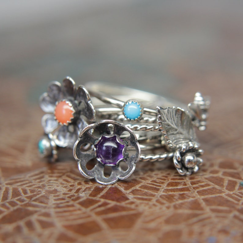 Delicate Sterling Silver Floral Gemstone Ring. Pretty sterling silver flower stacking ring with a gemstone center. Springtime bouquet ring. image 4