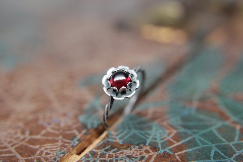 Delicate Sterling Silver Floral Gemstone Ring. Pretty sterling silver flower stacking ring with a gemstone center. Springtime bouquet ring. image 1