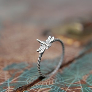 Delicate Little Dragonfly Stacking Ring. Sterling silver damselfly ring. Springtime insect ring. image 4