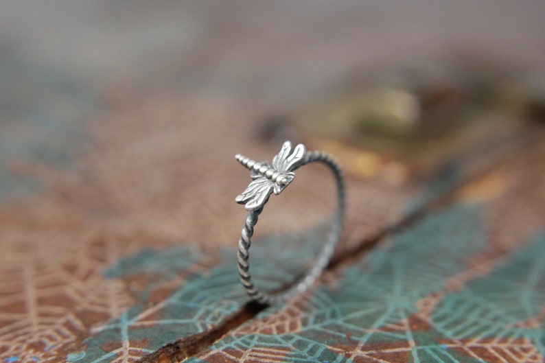 Delicate Little Dragonfly Stacking Ring. Sterling silver damselfly ring. Springtime insect ring. image 4