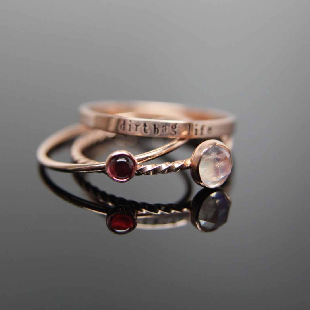 Three 14k Rose Gold Gemstone Stacking Rings Set. Custom Band Set of 3 ...