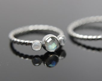 Triple gemstone stacking band. Three gemstones on a textured ring in sterling silver.