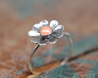 Blooming Poppy Gemstone Ring, Sterling Silver Floral Stacking Ring