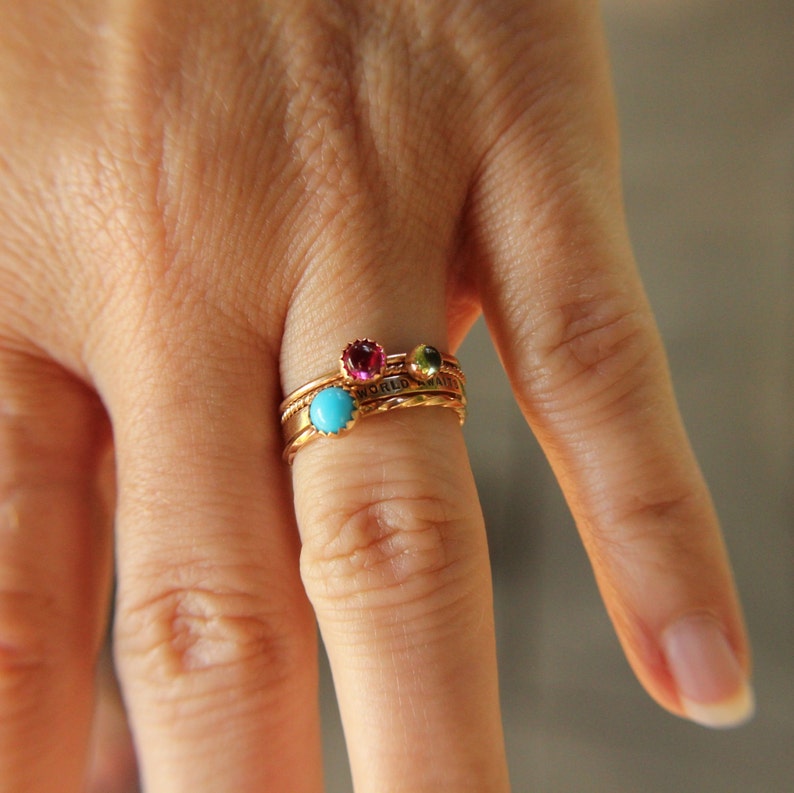 Three 14k rose gold gemstone stacking rings set. Custom band set of 3 rings gemstone stacking rings. image 4