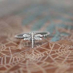 Delicate Little Dragonfly Stacking Ring. Sterling silver damselfly ring. Springtime insect ring. image 2