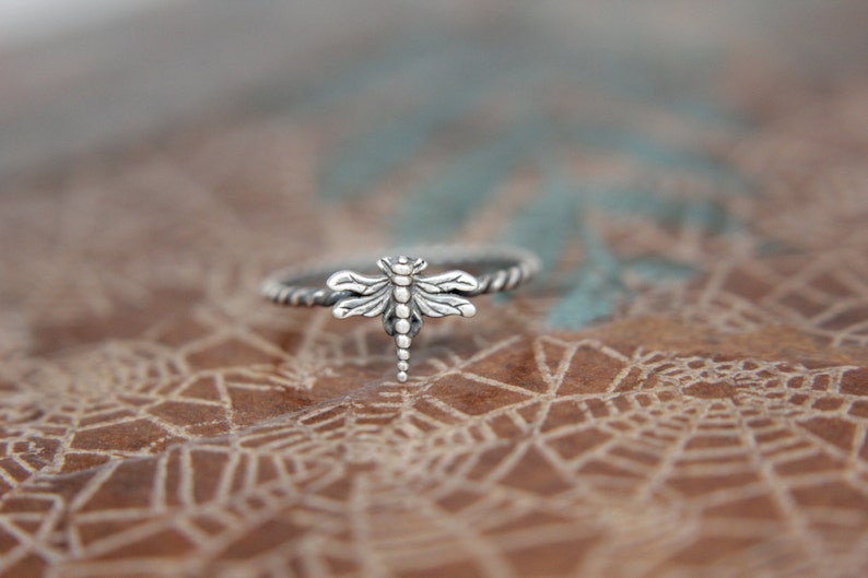 Delicate Little Dragonfly Stacking Ring. Sterling silver damselfly ring. Springtime insect ring. image 2