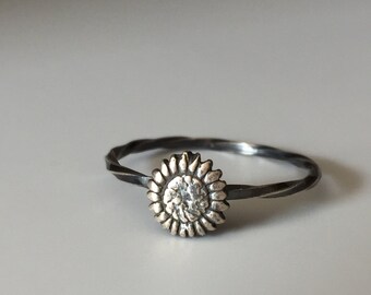 Sunflower Stacking Ring. Sterling silver stacker jewelry mix and match. Hippie flower child jewelry.