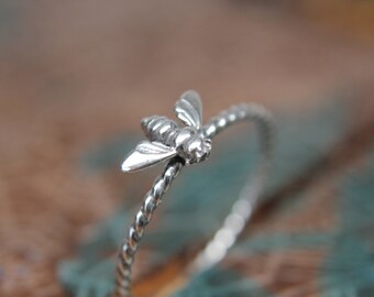 Sterling Silver Honey Bee Stacking Ring: Spring Flora Insect Jewelry