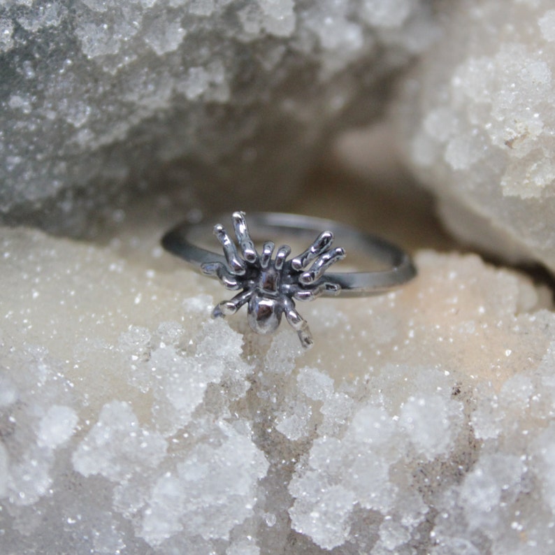 Spooky Sterling Silver Spider Ring. Sterling silver arachnid stacking ring. Halloween goth jewelry. image 1