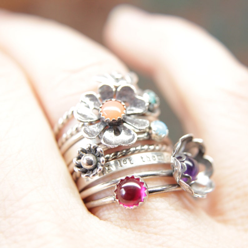 Delicate Sterling Silver Floral Gemstone Ring. Pretty sterling silver flower stacking ring with a gemstone center. Springtime bouquet ring. image 3