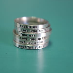 Custom Stamped Sterling Silver Stacking Ring Band. Customizable inscription message ring. Mothers day childs name ring bridesmaid gift.