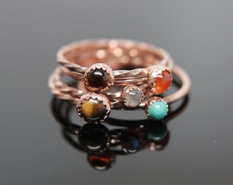 5 Copper Gemstone Rings. Set of Stackable Gemstone Rings Copper.