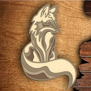 Könnte beinhalten: Ein mehrschichtiges Holzfuchs-Design in Beige- und Brauntönen, vor einem Holzmaserungshintergrund. Der Fuchs sitzt mit eingerolltem Schwanz. Dateityp-Optionen: AI, DXF, DWG, EPS, PNG und SVG sind ebenfalls abgebildet.