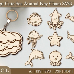10 chaveiros fofos de animais marinhos SVG | Chaveiro LaserCut | Chaveiro de vida marinha SVG | Arquivo de gravação Cricut de criatura marinha | Pacote de chaveiros