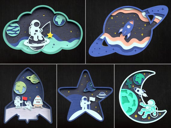 3D Layered Space SVG Bundle for Cricut & Glowforge: Astronaut, Rocket, Planet Laser Cut Files Papercraft
