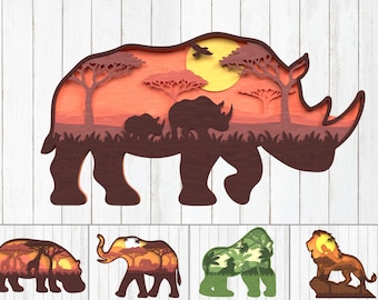 3D Afrikaanse safari dieren SVG-bundel: lasergesneden bestanden voor Glowforge