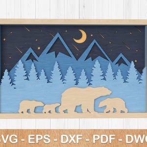 Night Forest Bear Family Layered, Forest svg Mountain svg wall hanging cut file, Multilayer mandala wall art, Glowforge multi layer wooden