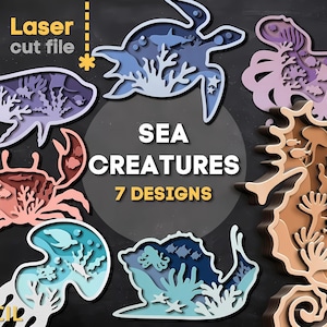 Sea Creatures Layered Laser Cut Files | 3D Ocean Animal SVG Bundle for Cricut and Glowforge | Whale, Turtle, Octopus, Seahorse, Crab