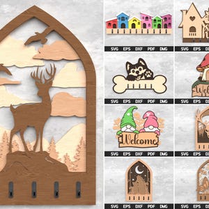 Paquete SVG de llavero cortado a láser / Decoración rústica de pared / Ciervo, perro, mariposa, letreros de bienvenida / Archivos organizadores de madera en capas para el hogar / SVG, DXF, PDF