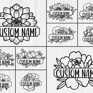 Pacote de Placas com Nome Floral Svg | Arquivos de Nomes de Flores Personalizados Recortados a Laser | Monograma Glowforge Ready Svg | Placas com Nome de Flores em Camadas Dxf PDF EPS