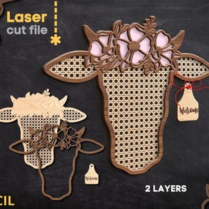 Kuhkopf Blumen Willkommensschild SVG | 2-Schicht Bauernhaus Laser Cut Datei | Kuh-Wand-Dekor | Rustikaler Türhänger SVG | Glowforge Cricut kompatibel