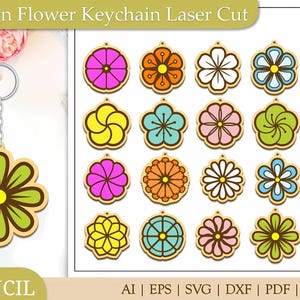 20 Design Flower Keychain Laser Cut | Flower Design Template, Keyring Files Laser Cutting, Keychain Glowforge Cut Templates, Keychain Svg