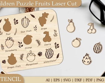 Archivo SVG cortado con láser de rompecabezas de frutas: Juguete Montessori para niños (descarga digital)