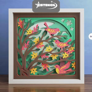 Birds on Tree 3D Shadow Box SVG: Layered Paper Cut File