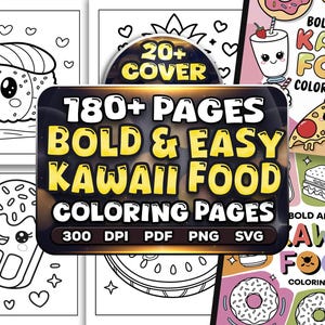 Kawaii Food Adult Coloring Pages for Kids Digital Coloring Book Bold and Easy Coloring Book Instant Download Coloring Book PDF