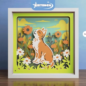 Puede incluir: Un diseño de papel con un gato sentado en un campo de flores. El gato es naranja y blanco, y las flores son amarillas, naranjas y verdes. El diseño está en un marco blanco con un borde verde.