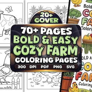 Cozy Farm Coloring Pages, 70 Cute, Easy, Bold, Cozy, Comfy and Relaxing Spring Illustrations with Bunnies, Instant Digital Download PDF