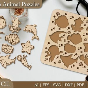 Sea Animal Puzzle Laser Cut Files: Montessori Educational Toy SVG (Digital Download