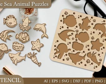 Sea Animal Puzzle Laser Cut Files: Montessori Educational Toy SVG (Digital Download