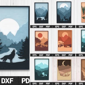 Mountain Landscape Layered SVG Bundle | Forest Wildlife Laser Cut Files | Nature Wall Art Svg | Bear Deer Wolf DXF PDF for Glowforge Cricut