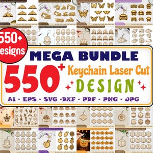 May include: A collection of laser-cut keychain designs, featuring various shapes and themes. The image includes the text "MEGA BUNDLE 550+ Keychain Laser Cut DESIGN" in a colorful design. The designs include flowers, animals, and other decorative elements.