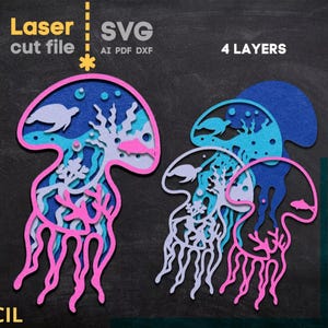 Jellyfish Laser Cut File SVG, 4-Layer Ocean Sea Life Wall Art, Glowforge Cricut Digital Download, Underwater Laser Cutting Design, 3D layer