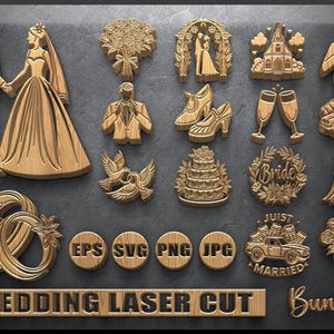 Pakiet plików wycinanych laserowo na ślub | Panna młoda i pan młody SVG, Tort, Pierścionki, Powóz | CNC, Glowforge i Cricut Ready | Eps Png Jpg Pobieranie cyfrowe
