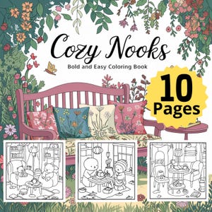 10 Cozy nooks Super Cute Designs of Cozy, Hygge Spaces Coloring Book, Cozy corner, Coco wyo coloring book style, Instant Download PDF