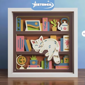 Cat on Bookshelf 3D Paper Cut Shadow Box SVG (Digital Download)