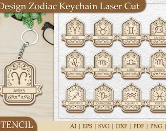 Archivos SVG cortados con láser para llaveros de signos del zodíaco: Juego de llaveros astrológicos (descarga digital)
